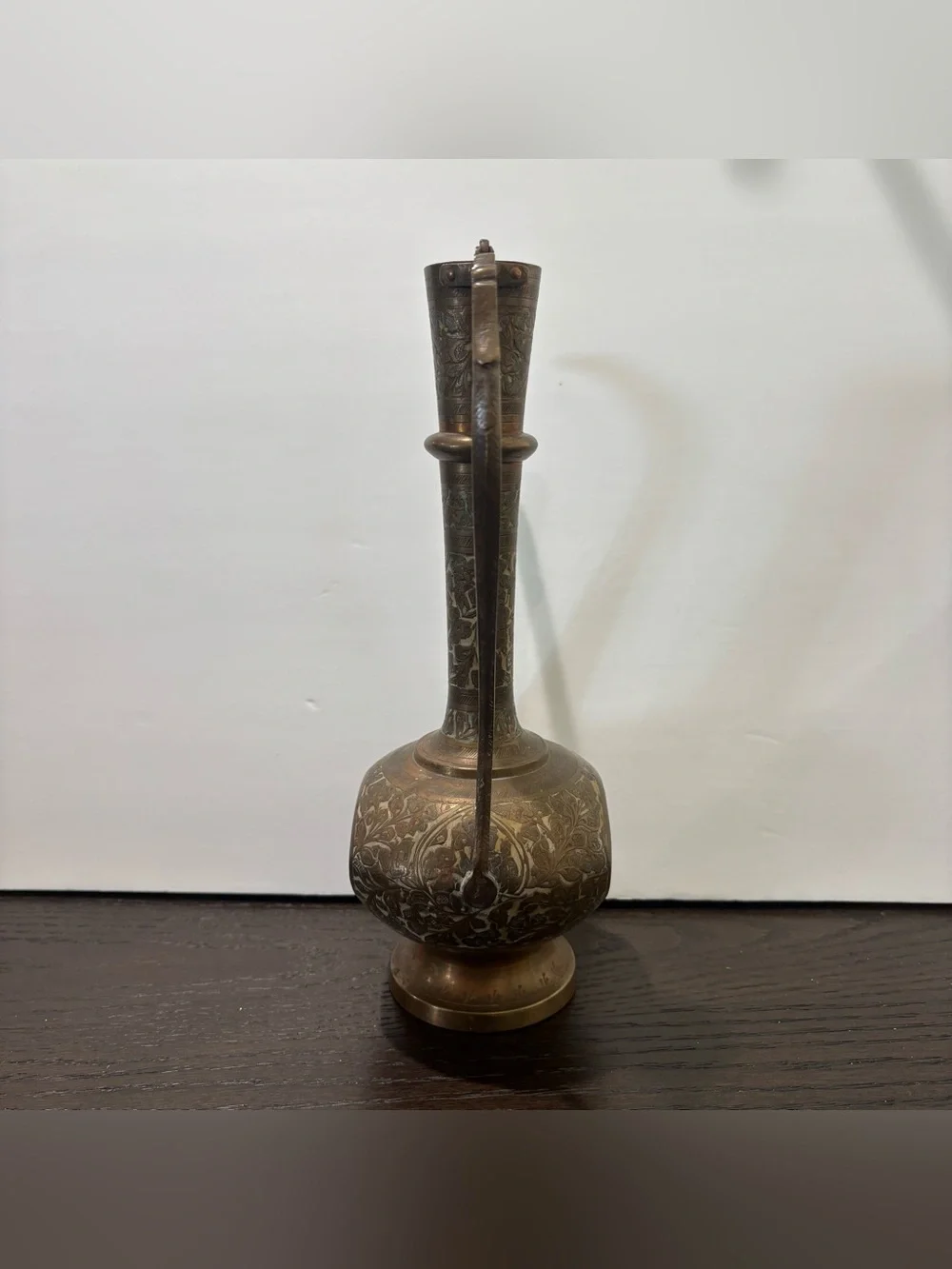 Vintage Indian Solid Brass Ewer Tea/ Water Pot Pitcher Etched Enamel Aftaba